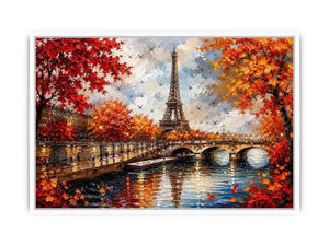 Paris autumn wall art featuring Eiffel Tower river reflections and vibrant fall foliage in romantic impressionist painting style