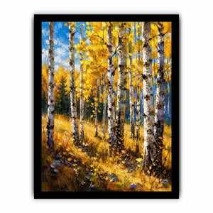 Aspen forest wall art featuring golden autumn trees and soft woodland light in impressionist landscape painting style