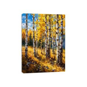 Aspen forest wall art featuring golden autumn trees and soft woodland light in impressionist landscape painting style