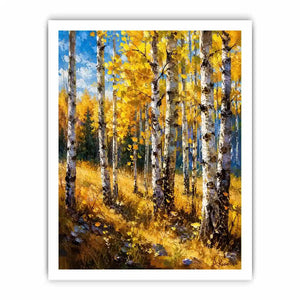 Aspen forest wall art featuring golden autumn trees and soft woodland light in impressionist landscape painting style