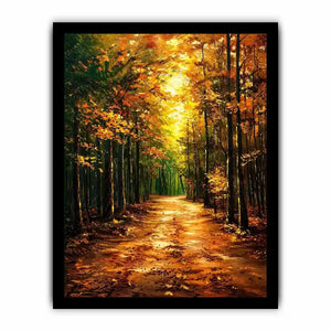 Autumn forest path wall art featuring glowing woodland trees and peaceful nature trail in impressionist landscape painting style
