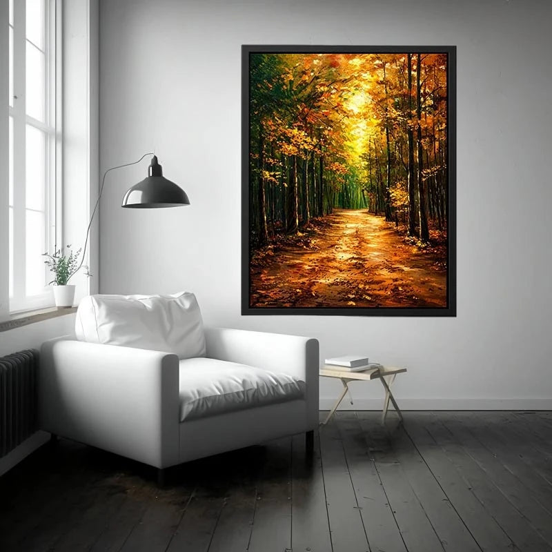 Autumn forest path wall art featuring glowing woodland trees and peaceful nature trail in impressionist landscape painting style