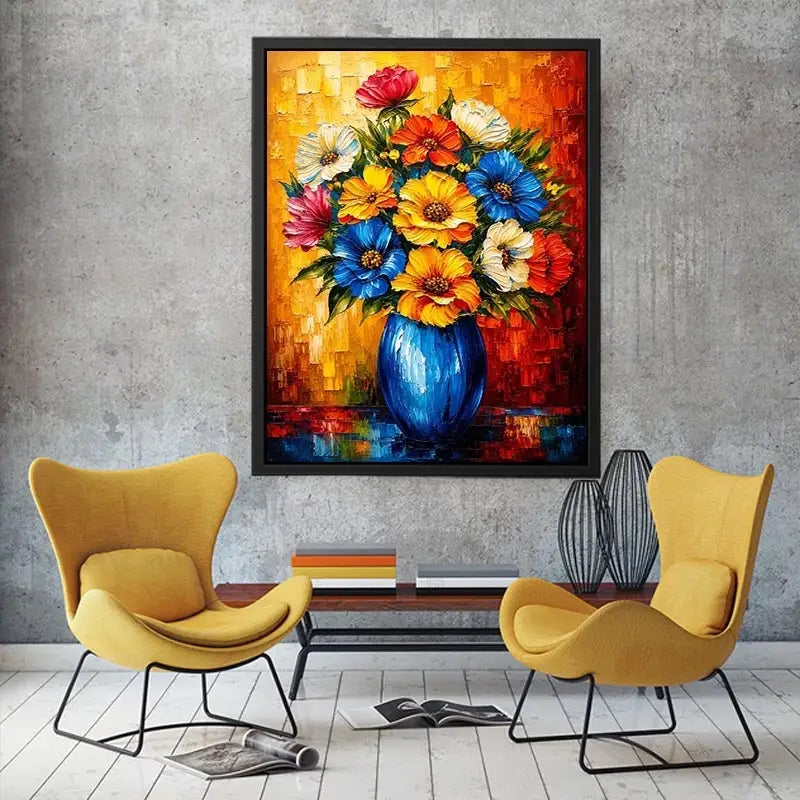 Colorful floral vase wall art featuring vibrant bouquet flowers in blue vase with bold modern impressionist painting style