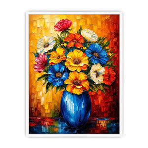Colorful floral vase wall art featuring vibrant bouquet flowers in blue vase with bold modern impressionist painting style