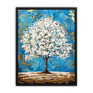 Elegant white tree of life painting with blue background and gold abstract accents on textured canvas