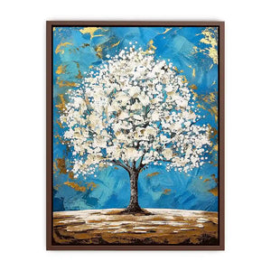 Elegant white tree of life painting with blue background and gold abstract accents on textured canvas