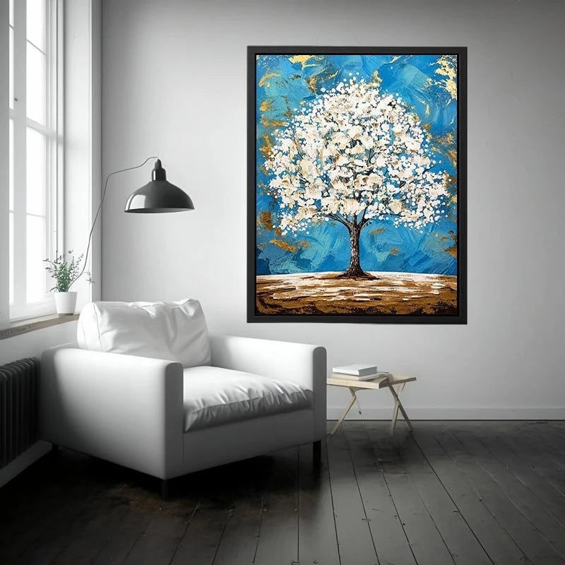 Elegant white tree of life painting with blue background and gold abstract accents on textured canvas