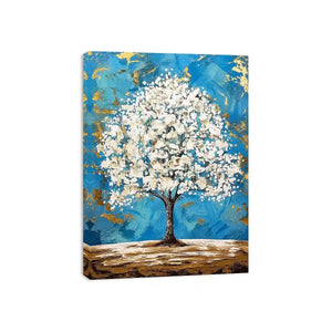 Elegant white tree of life painting with blue background and gold abstract accents on textured canvas