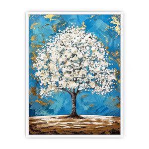 Elegant white tree of life painting with blue background and gold abstract accents on textured canvas