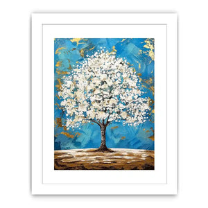 Elegant white tree of life painting with blue background and gold abstract accents on textured canvas