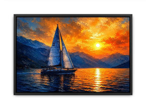 Abstract sailboat painting on calm ocean water with vibrant orange sunset and blue textured sky