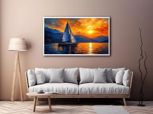 Abstract sailboat painting on calm ocean water with vibrant orange sunset and blue textured sky