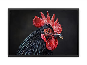 Luxury black rooster portrait wall art with vivid red comb and dramatic modern realism on dark background