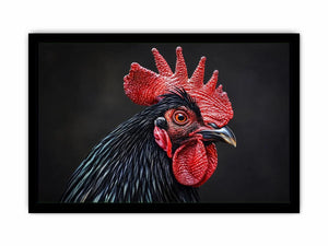 Luxury black rooster portrait wall art with vivid red comb and dramatic modern realism on dark background