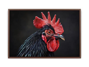 Luxury black rooster portrait wall art with vivid red comb and dramatic modern realism on dark background
