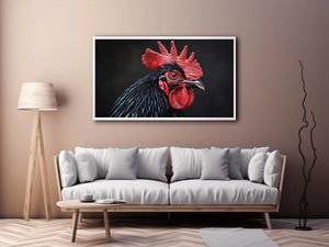 Luxury black rooster portrait wall art with vivid red comb and dramatic modern realism on dark background