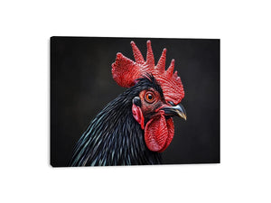 Luxury black rooster portrait wall art with vivid red comb and dramatic modern realism on dark background