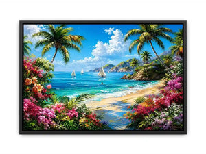 Luxury tropical beach landscape wall art with palm trees, turquoise ocean, sailboats, and vibrant floral scenery