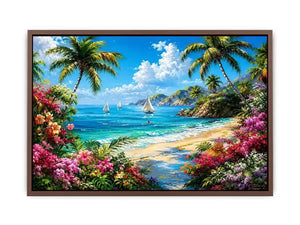 Luxury tropical beach landscape wall art with palm trees, turquoise ocean, sailboats, and vibrant floral scenery