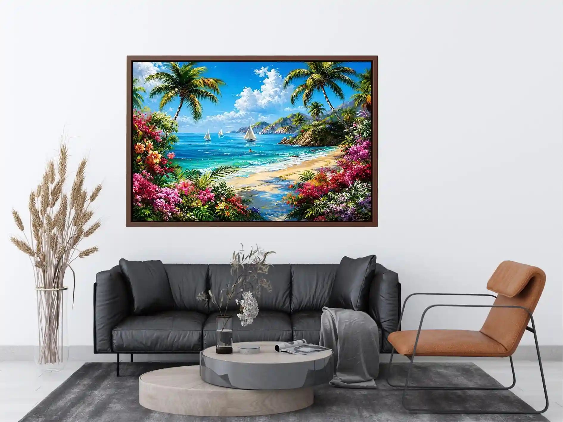 Luxury tropical beach landscape wall art with palm trees, turquoise ocean, sailboats, and vibrant floral scenery