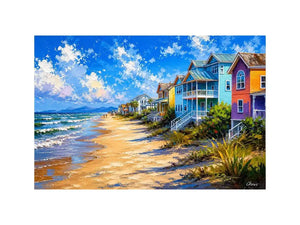 Colorful coastal beach house wall art with ocean waves, pastel seaside homes, and bright tropical shoreline painting