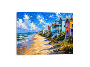 Colorful coastal beach house wall art with ocean waves, pastel seaside homes, and bright tropical shoreline painting