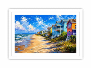 Colorful coastal beach house wall art with ocean waves, pastel seaside homes, and bright tropical shoreline painting