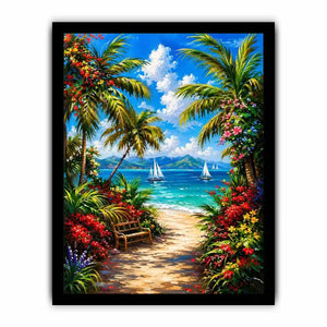 Luxury tropical beach wall art with palm trees, colorful flowers, turquoise ocean, and sailboats in paradise scenery