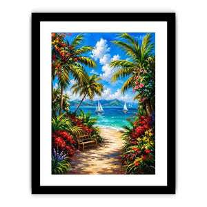 Luxury tropical beach wall art with palm trees, colorful flowers, turquoise ocean, and sailboats in paradise scenery