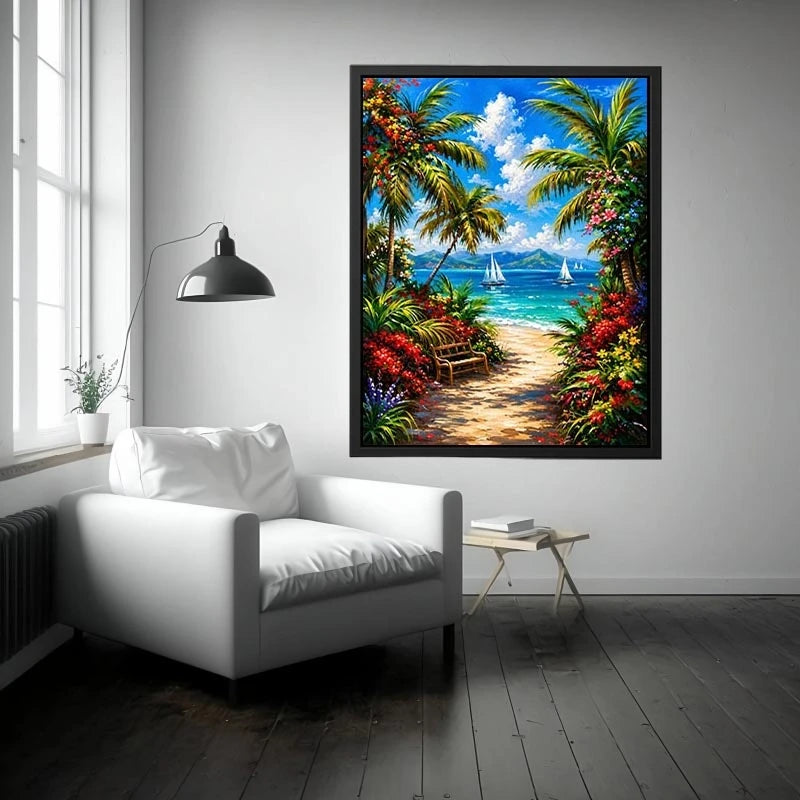 Luxury tropical beach wall art with palm trees, colorful flowers, turquoise ocean, and sailboats in paradise scenery