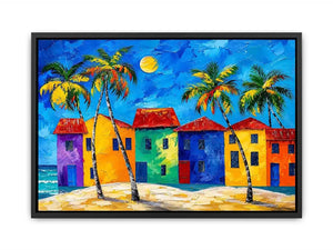 Colorful tropical beach house wall art with palm trees, vibrant coastal village, and bright modern abstract painting