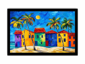 Colorful tropical beach house wall art with palm trees, vibrant coastal village, and bright modern abstract painting