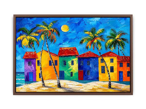 Colorful tropical beach house wall art with palm trees, vibrant coastal village, and bright modern abstract painting