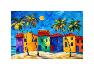 Colorful tropical beach house wall art with palm trees, vibrant coastal village, and bright modern abstract painting