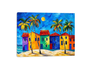 Colorful tropical beach house wall art with palm trees, vibrant coastal village, and bright modern abstract painting