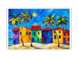 Colorful tropical beach house wall art with palm trees, vibrant coastal village, and bright modern abstract painting