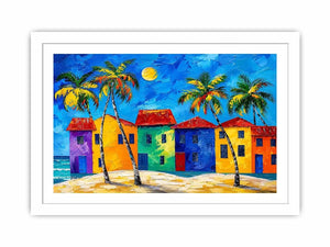Colorful tropical beach house wall art with palm trees, vibrant coastal village, and bright modern abstract painting