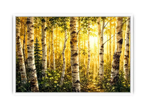 Watercolor birch forest wall art with soft golden sunlight, earthy woodland tones, and peaceful nature scenery