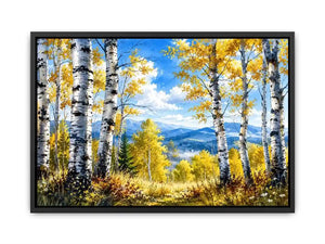 Watercolor birch forest wall art with golden autumn leaves, blue sky, and peaceful woodland landscape scenery