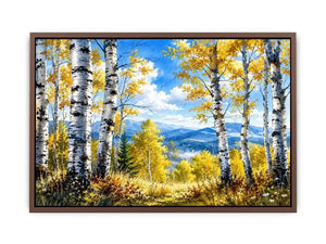 Watercolor birch forest wall art with golden autumn leaves, blue sky, and peaceful woodland landscape scenery