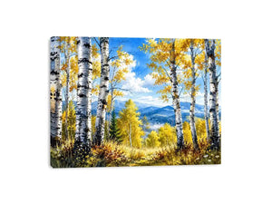 Watercolor birch forest wall art with golden autumn leaves, blue sky, and peaceful woodland landscape scenery