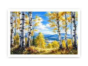 Watercolor birch forest wall art with golden autumn leaves, blue sky, and peaceful woodland landscape scenery