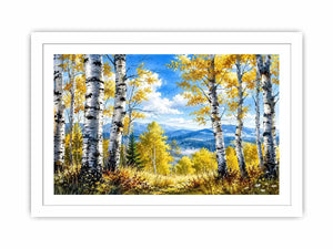 Watercolor birch forest wall art with golden autumn leaves, blue sky, and peaceful woodland landscape scenery
