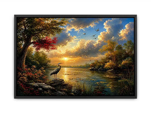 Serene heron lake landscape wall art with dramatic sunset sky, calm water reflections, and peaceful nature scenery