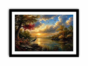 Serene heron lake landscape wall art with dramatic sunset sky, calm water reflections, and peaceful nature scenery