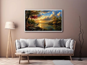 Serene heron lake landscape wall art with dramatic sunset sky, calm water reflections, and peaceful nature scenery