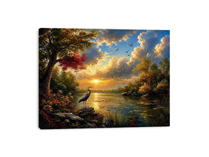 Serene heron lake landscape wall art with dramatic sunset sky, calm water reflections, and peaceful nature scenery