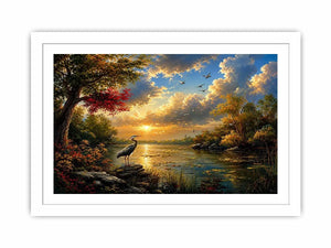 Serene heron lake landscape wall art with dramatic sunset sky, calm water reflections, and peaceful nature scenery