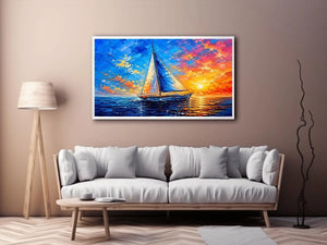Modern sailboat ocean wall art with blue sea, glowing sunset sky, and abstract coastal painting textures