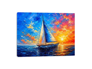 Modern sailboat ocean wall art with blue sea, glowing sunset sky, and abstract coastal painting textures